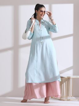 Swtantra - Womens Light Blue Long Opening Kurta with Beads and Pink Palazzo (Set of 2)