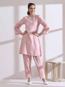 Swtantra - Womens Pink Kurta with White Flowers and Pant (Set of 2)
