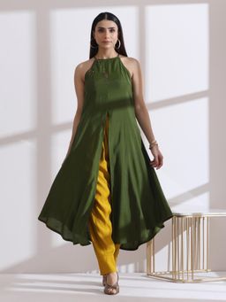 Swtantra - Womens Mehndi Green Halter Kurta with Bronze Beads and Pant (Set of 2)