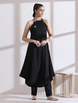 Swtantra - Womens Black and Silver Halter Kurta with Pant (Set of 2)
