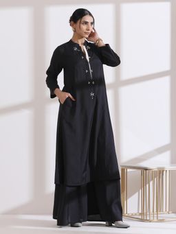 Swtantra - Womens Black Long Opening Kurta with Multi Beads and Cream Palazzo (Set of 2)
