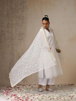 Swtantra - Womens White Kota Cotton Phulkari Embroidered Kurta with Dupatta and Pant (Set of 3)