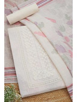 Soch - Womens Beige Linen Floral Printed Unstitched Dress Material with Pearl (Set of 3)