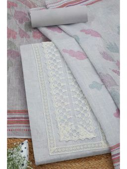 Soch - Womens Lavender Linen Floral Printed Unstitched Dress Material with Pearl (Set of 3)