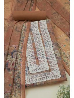 Soch - Womens Rust Linen Floral Printed Unstitched Dress Material with Pearl (Set of 3)