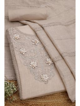Soch - Womens Beige Linen Solid Unstitched Dress Material with Corsage (Set of 3)