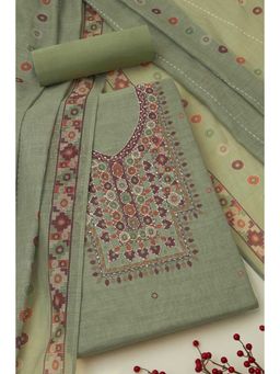 Soch - Womens Olive Linen Geometric Printed Unstitched Dress Material (Set of 3)