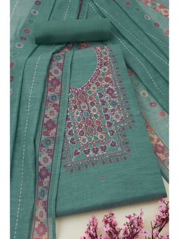 Soch - Womens Blue Linen Geometric Printed Unstitched Dress Material (Set of 3)