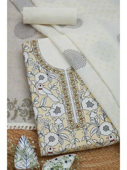 Soch - Womens Cream Cotton Warli Printed Unstitched Dress Material (Set of 3)