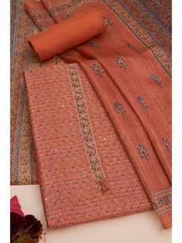 Soch - Womens Rust Tussar Floral Printed Unstitched Dress Material (Set of 3)