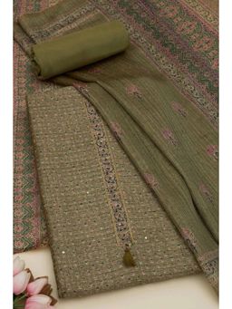 Soch - Womens Olive Tussar Floral Printed Unstitched Dress Material (Set of 3)