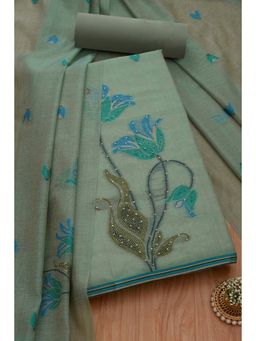 Soch - Womens Green Chanderi Woven Design Unstitched Dress Material (Set of 3)