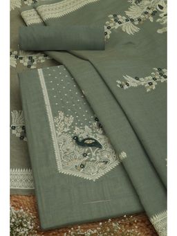 Soch - Womens Olive Chanderi Warli Printed Unstitched Dress Material (Set of 3)