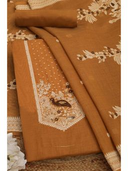 Soch - Womens Mustard Chanderi Warli Printed Unstitched Dress Material (Set of 3)