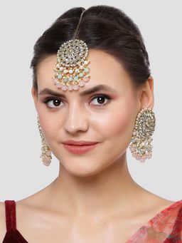 Karatcart - Gold Plated Pink Bead and Pearl Kundan Earrings and Maangtikka Combo Set for Women