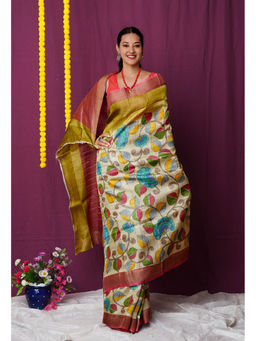 Unnati Silks - Pure Handloom Printed with Bengal Tussar Silk Saree with Unstitched Blouse-UNM77055