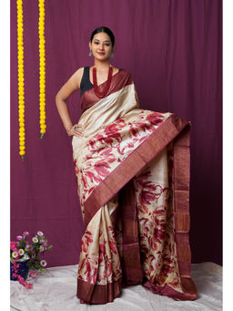 Unnati Silks - Pure Handloom Printed Bengal Tussar Silk Saree with Unstitched Blouse-UNM77063