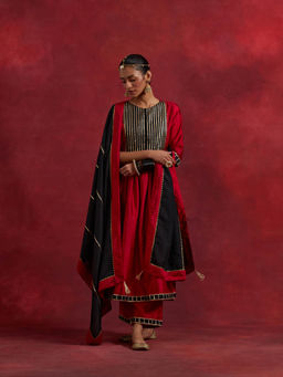 The Indian Cause - Red Black Raw Silk Gauhar Kurta With Palazzo And Dupatta (Set of 3)