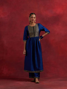 The Indian Cause - Blue Black Raw Silk Gauhar Kurta With Palazzo (Set of 2)