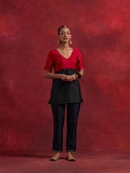 The Indian Cause - Red Black Raw Silk Sadhna Kurta With Pant (Set of 2)