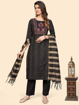 Vbuyz - Print & Embroidered Straight Cotton Black Stitched Kurta Pant with Dupatta (Set of 3)