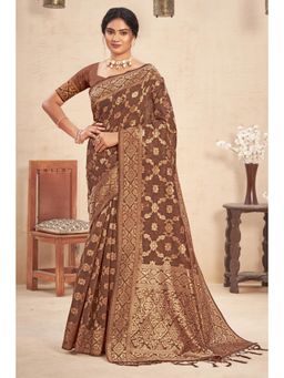 Sangam Prints - Brown Cotton Woven Zari Work Traditional Tassel Saree with Unstitched Blouse