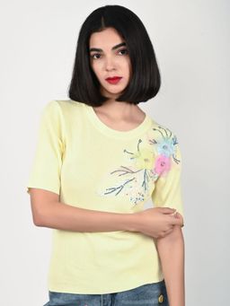Odette - Yellow Polyester Lycra Embellished Tops for Women