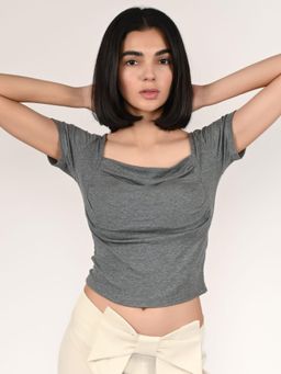 Odette - Grey Cotton Rib Solid Tops for Women