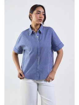 Femmella - Navy Stripe Cotton Linen Kimono Sleeve Shirt