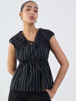 Femmella - Black Stripe Tie-Up Top