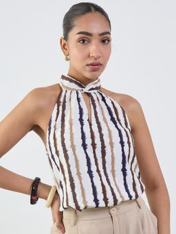 Femmella - Off-White Abstract Stripe Halter Neck Top