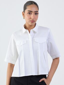 Femmella - White Cotton Pleated Crop Shirt
