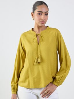Femmella - Citrine Green Peasant Sleeves Tie Up Top