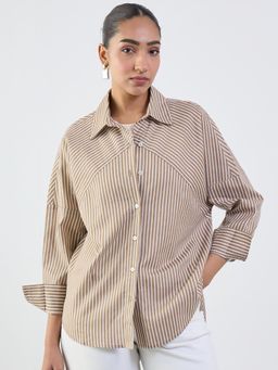 Femmella - Brown Stripe Cotton Linen Oversized Shirt