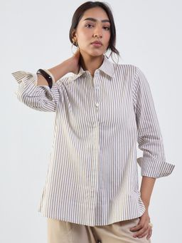Femmella - Brown Stripe Cotton Linen A-Line Shirt