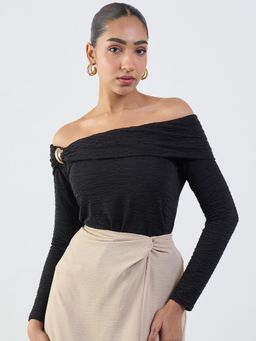 Femmella - Black Textured Off-Shoulder Top