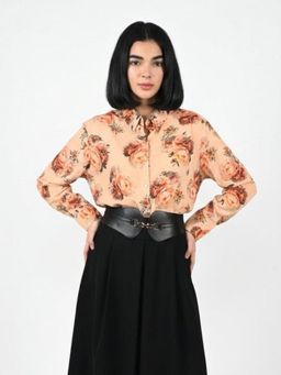 Odette - Beige Cotton Blend Floral Printed Tops for Women