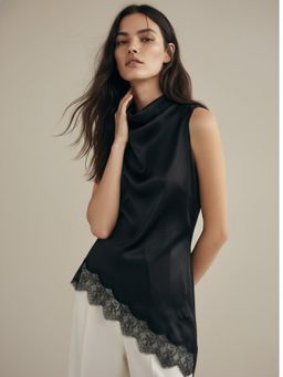 Outzidr - Black Mock Neck Lace Hem Top