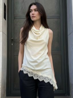 Outzidr - Cream Mock Neck Lace Hem Top