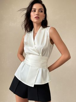 Outzidr - White V Neck Criss Cross Wrap Blouse