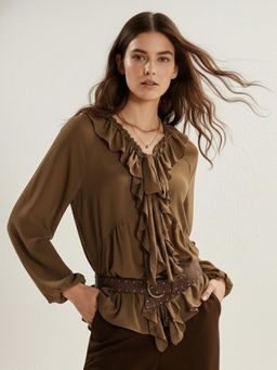 Outzidr - Brown Ruffled V Neck Top