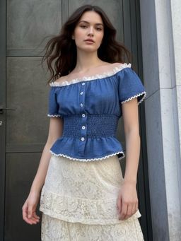 Outzidr - Blue Cinched Waist Puff Sleeved Top