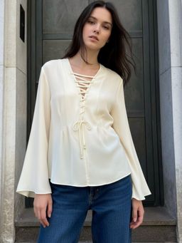 Outzidr - Yellow Front Gladiator Tie Up Flutter Sleeved Blouson