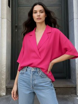 Outzidr - Pink Stylized Collar Relaxed Top