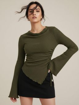 Outzidr - Olive Asymmetric Hem Side Ruched Top