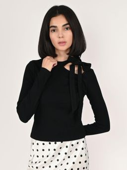 Odette - Black Cotton Rib Solid Tops for Women