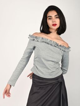 Odette - Grey Cotton Rib Solid Tops for Women