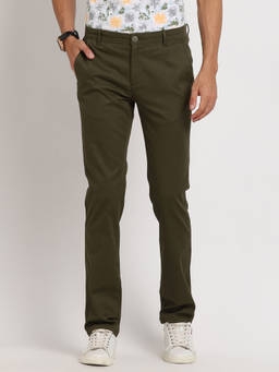 Turtle - Men Cotton Olive Solid Casual Trouser