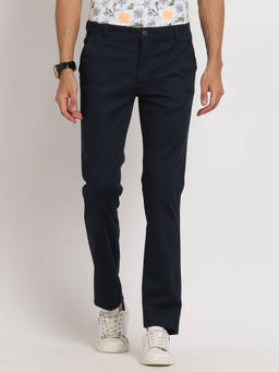 Turtle - Men Cotton Navy Blue Solid Casual Trouser