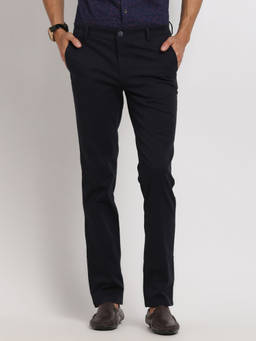 Turtle - Men Cotton Navy Blue Slim Solid Casual Trouser